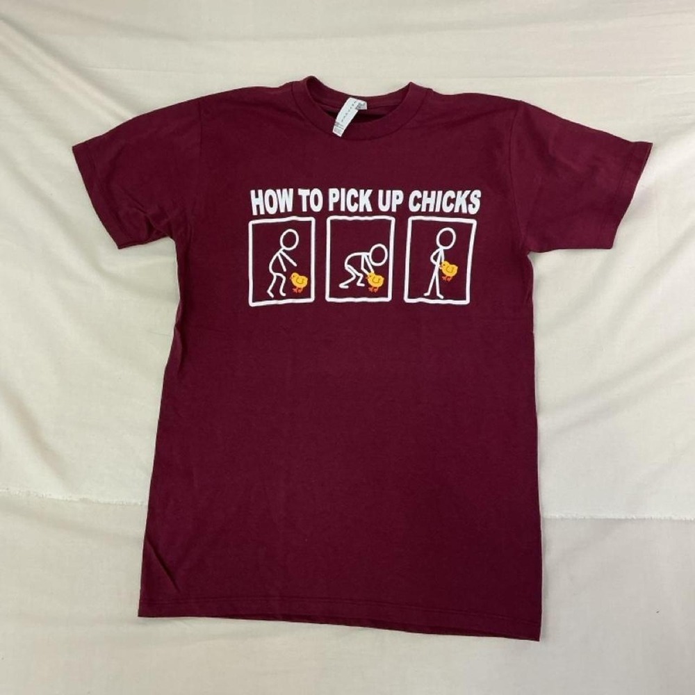 Funny novelty graphic T-shirt featuring the playful "How to Pick Up Chicks"